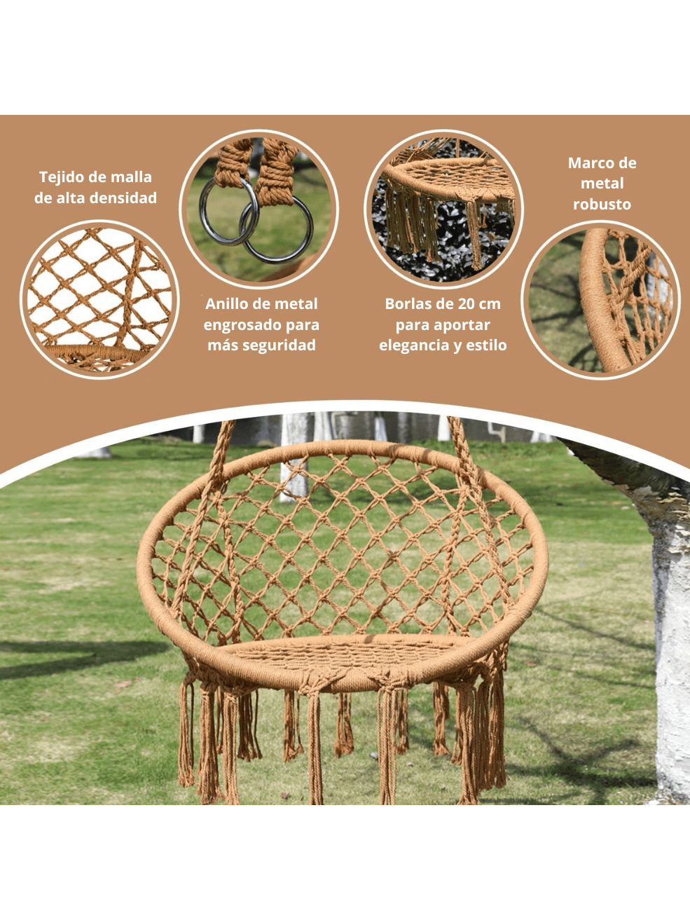 Silla Colgante de Macramé para Interior y Exterior – Hamaca de Algodón Tejido con Aro Metálico Reforzado, Estilo Bohemio, Respaldo Alto, 80cm de Diámetro, Ideal para Jardín, Balcón o Terraza