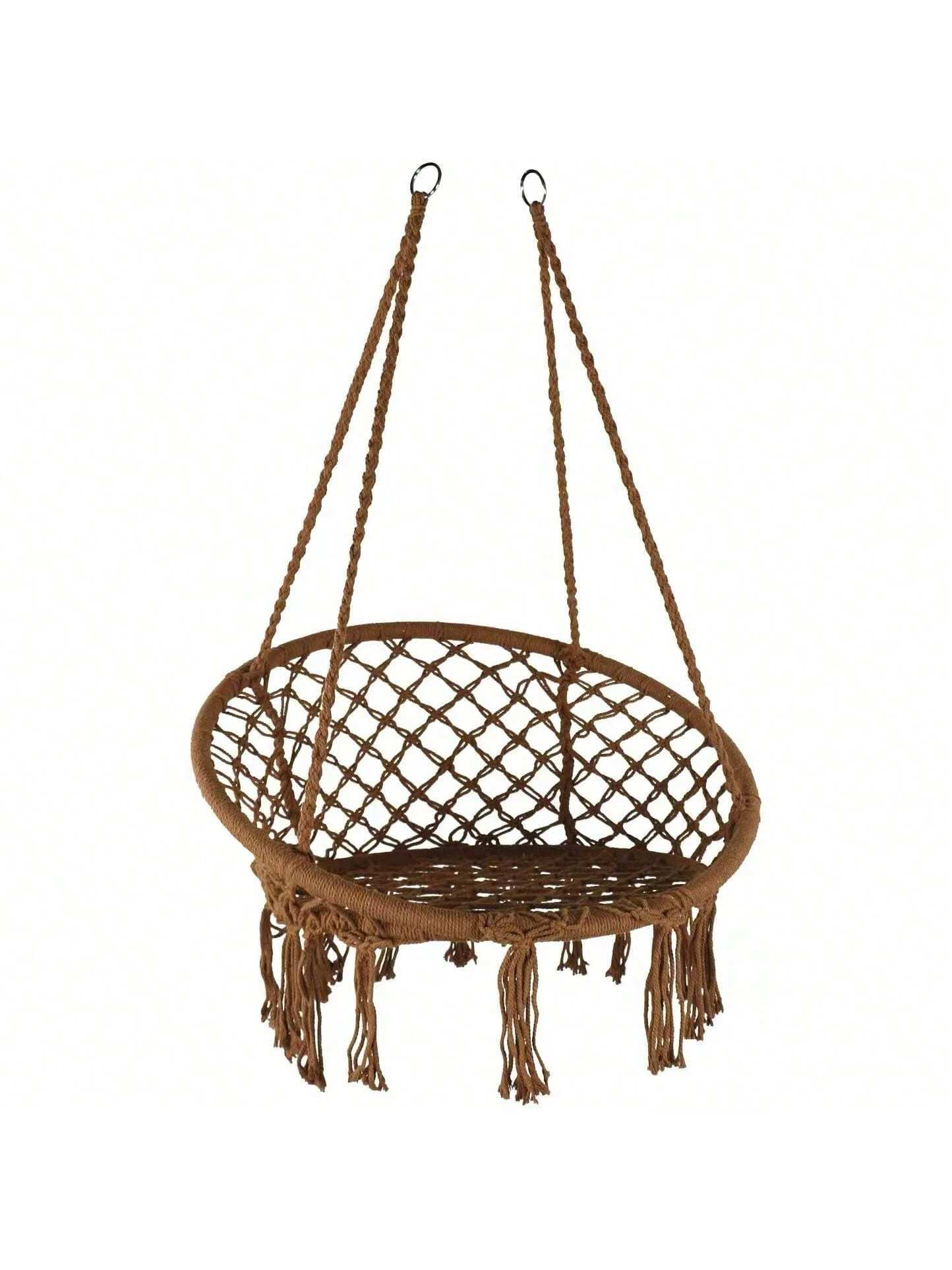 Silla Colgante de Macramé para Interior y Exterior – Hamaca de Algodón Tejido con Aro Metálico Reforzado, Estilo Bohemio, Respaldo Alto, 80cm de Diámetro, Ideal para Jardín, Balcón o Terraza