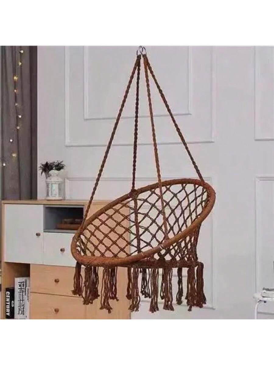 Silla Colgante de Macramé para Interior y Exterior – Hamaca de Algodón Tejido con Aro Metálico Reforzado, Estilo Bohemio, Respaldo Alto, 80cm de Diámetro, Ideal para Jardín, Balcón o Terraza