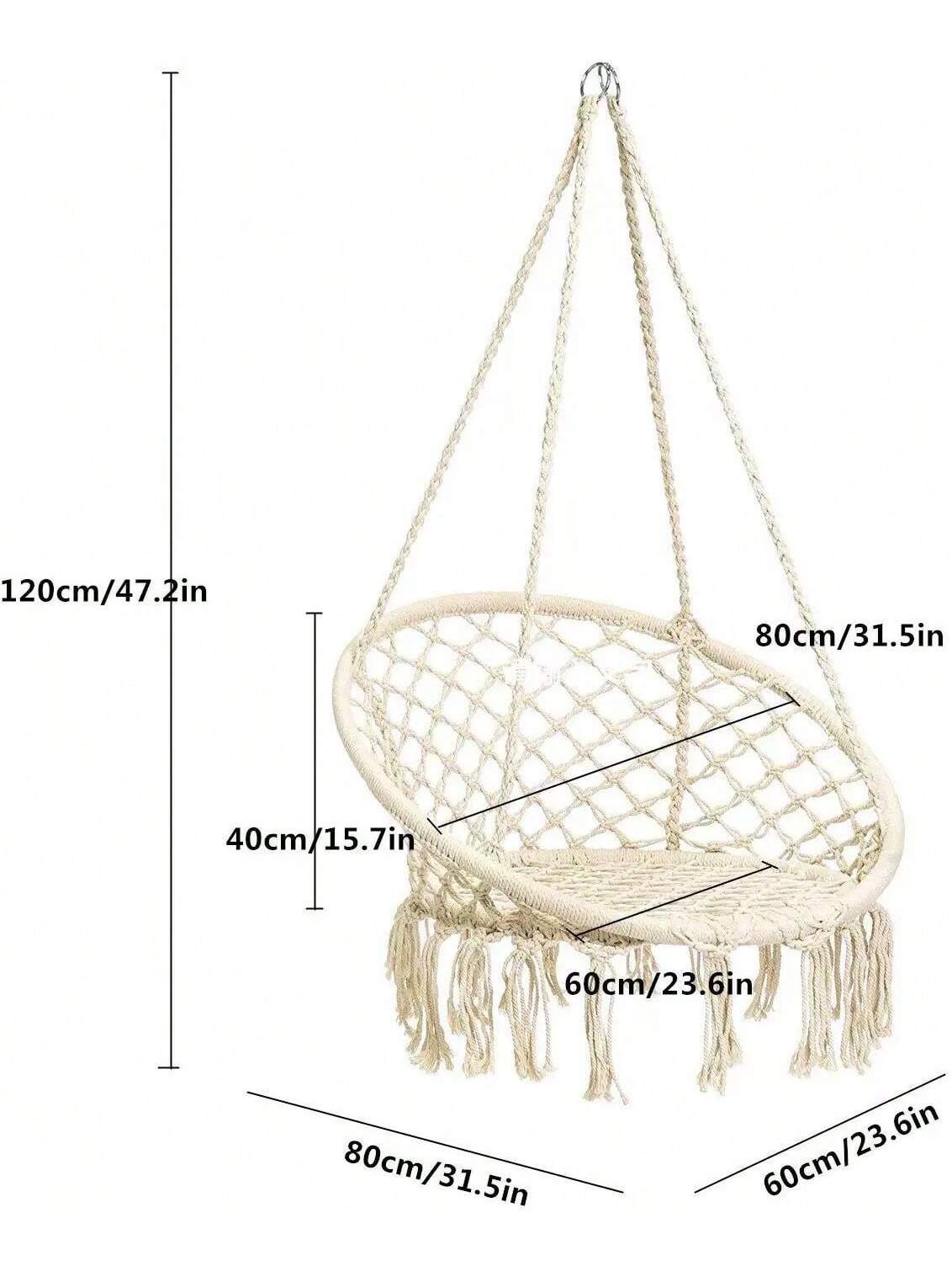 Silla Colgante de Macramé para Interior y Exterior – Hamaca de Algodón Tejido con Aro Metálico Reforzado, Estilo Bohemio, Respaldo Alto, 80cm de Diámetro, Ideal para Jardín, Balcón o Terraza