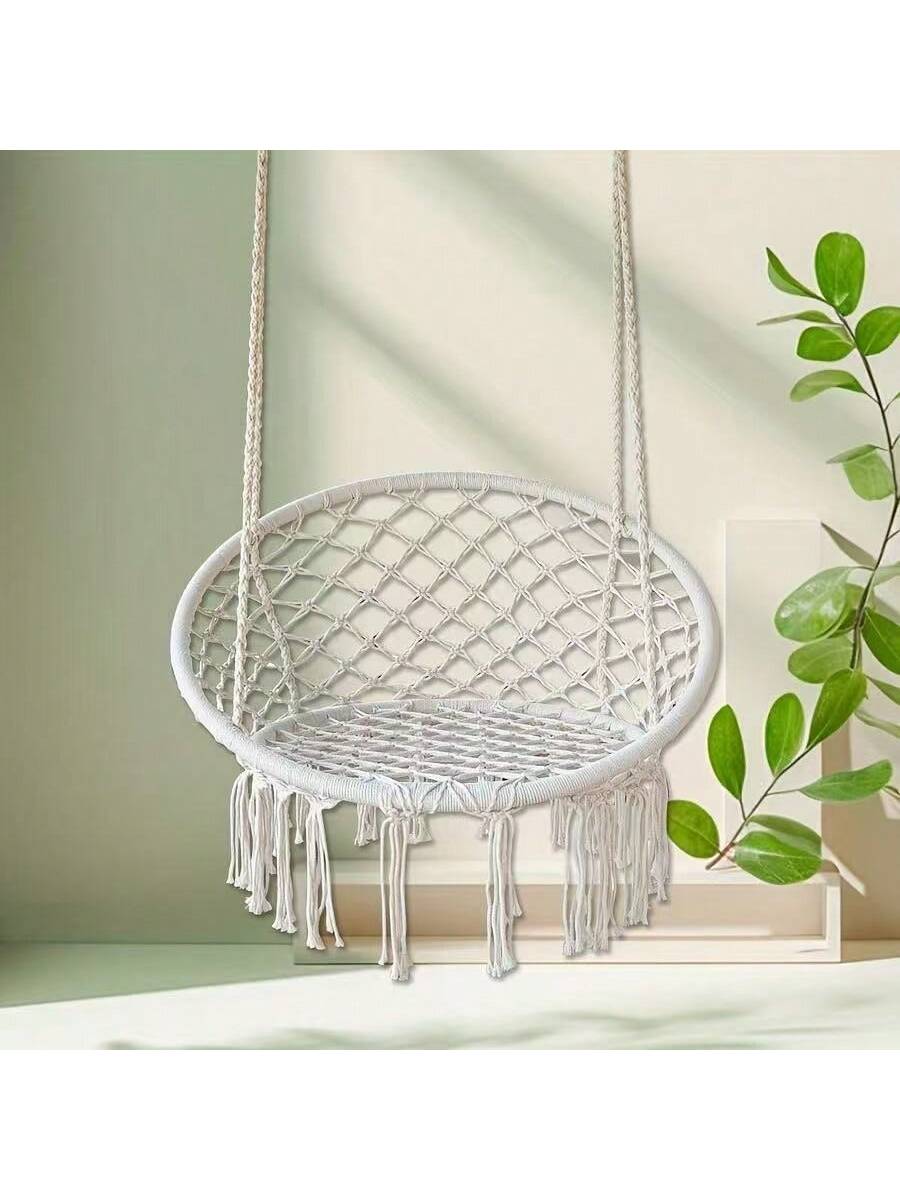 Silla Colgante de Macramé para Interior y Exterior – Hamaca de Algodón Tejido con Aro Metálico Reforzado, Estilo Bohemio, Respaldo Alto, 80cm de Diámetro, Ideal para Jardín, Balcón o Terraza