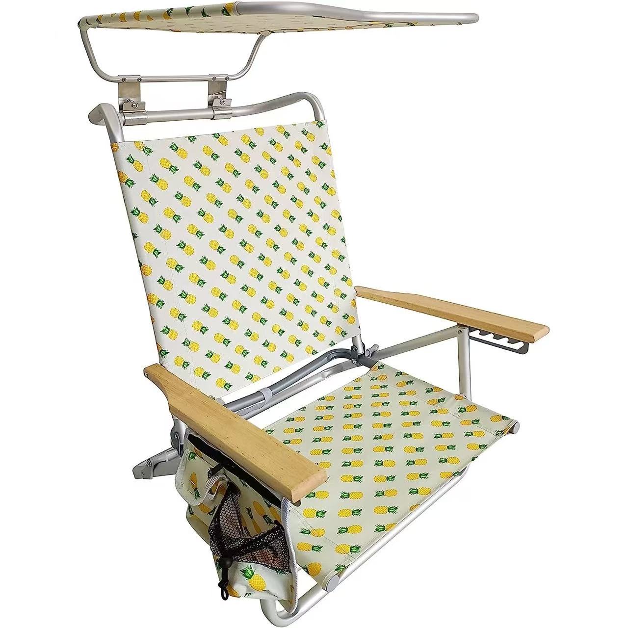 Silla de Playa Reclinable con 5 Posiciones y Toldo – Silla Plegable de Aluminio con Reposabrazos de Madera, Porta Vasos y Bolsa de Almacenamiento, Ideal para Camping y Jardín