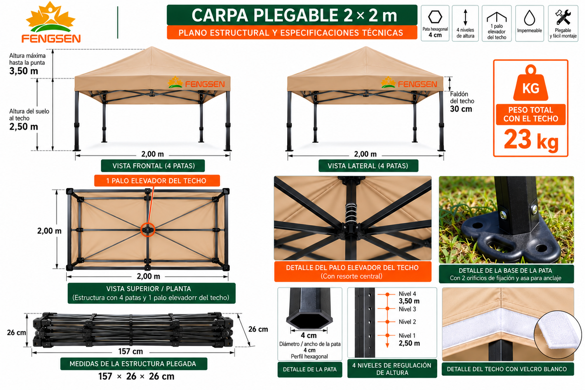 CARPA 2X2MT HIERRO PATAS HEXAGONALES PLEGABLE