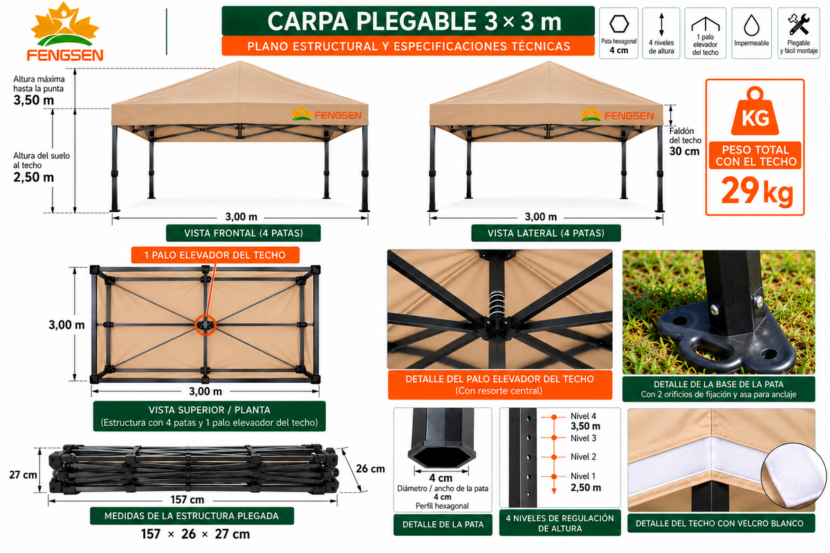 CARPA 3x3MT HIERRO PATAS HEXAGONALES PLEGABLE