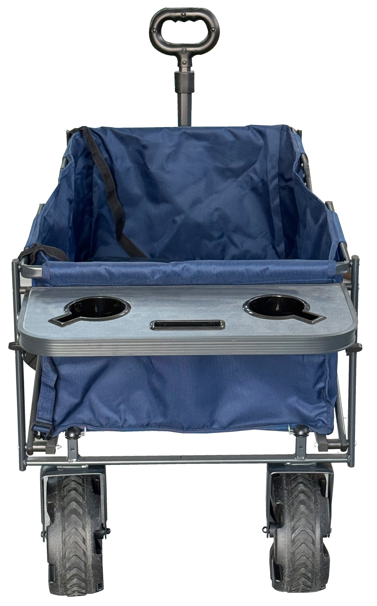 Carro de playa plegable con ruedas anchas y mesa con portavasos