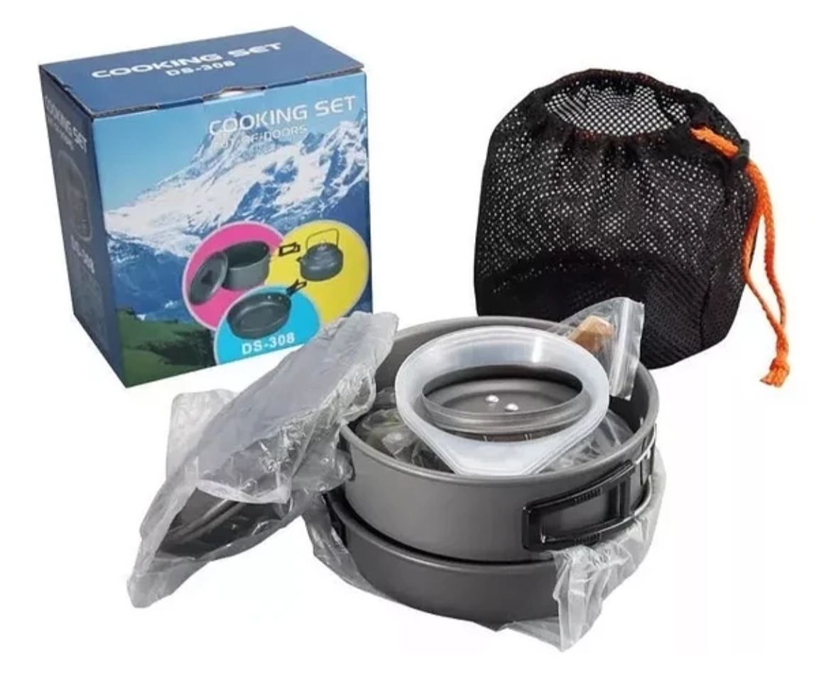Juego de ollas de camping para 1-2 personas con accesorios.