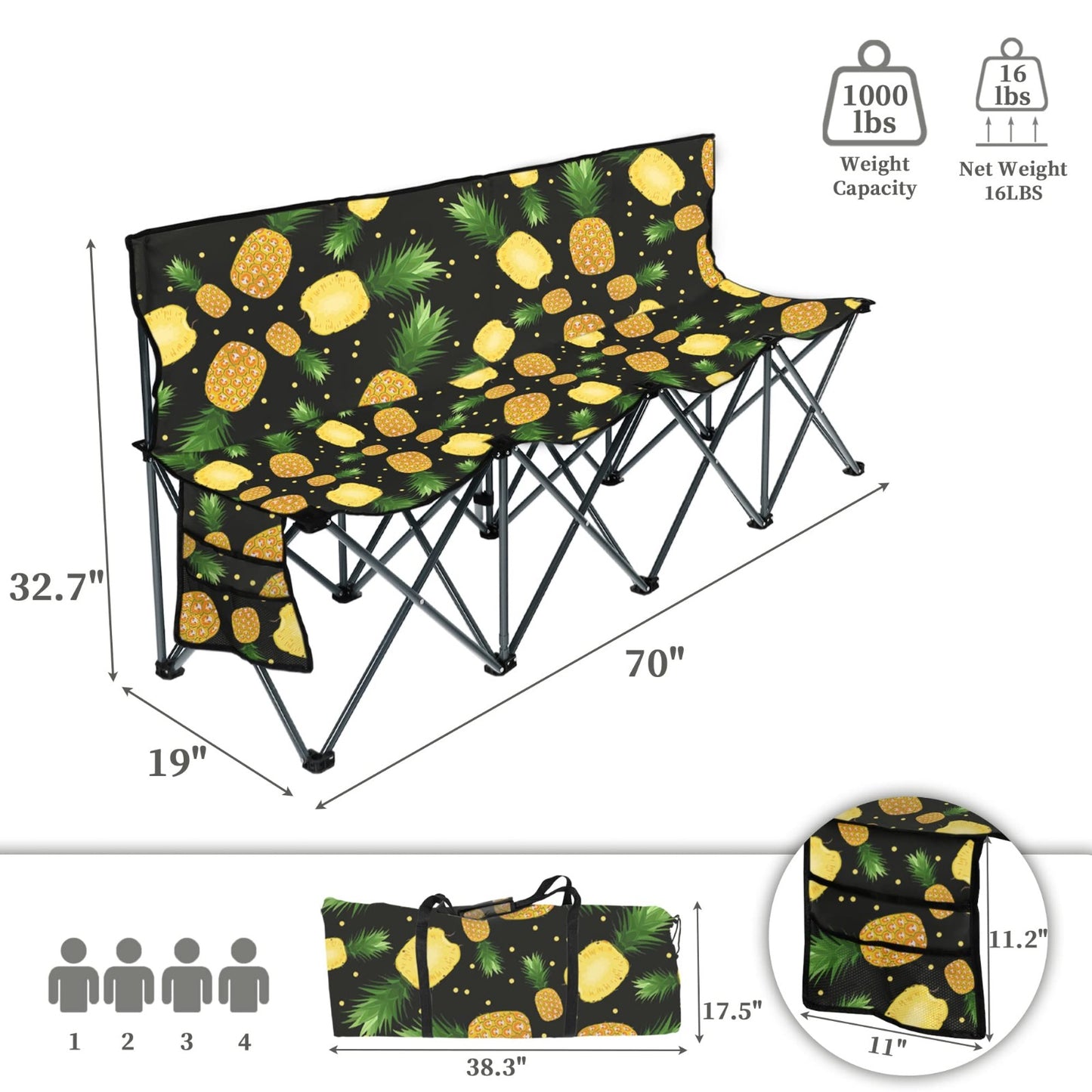 Silla Plegable Cuádruple con Sombrilla | Set Portátil para 4 Personas - Diseño Piñas