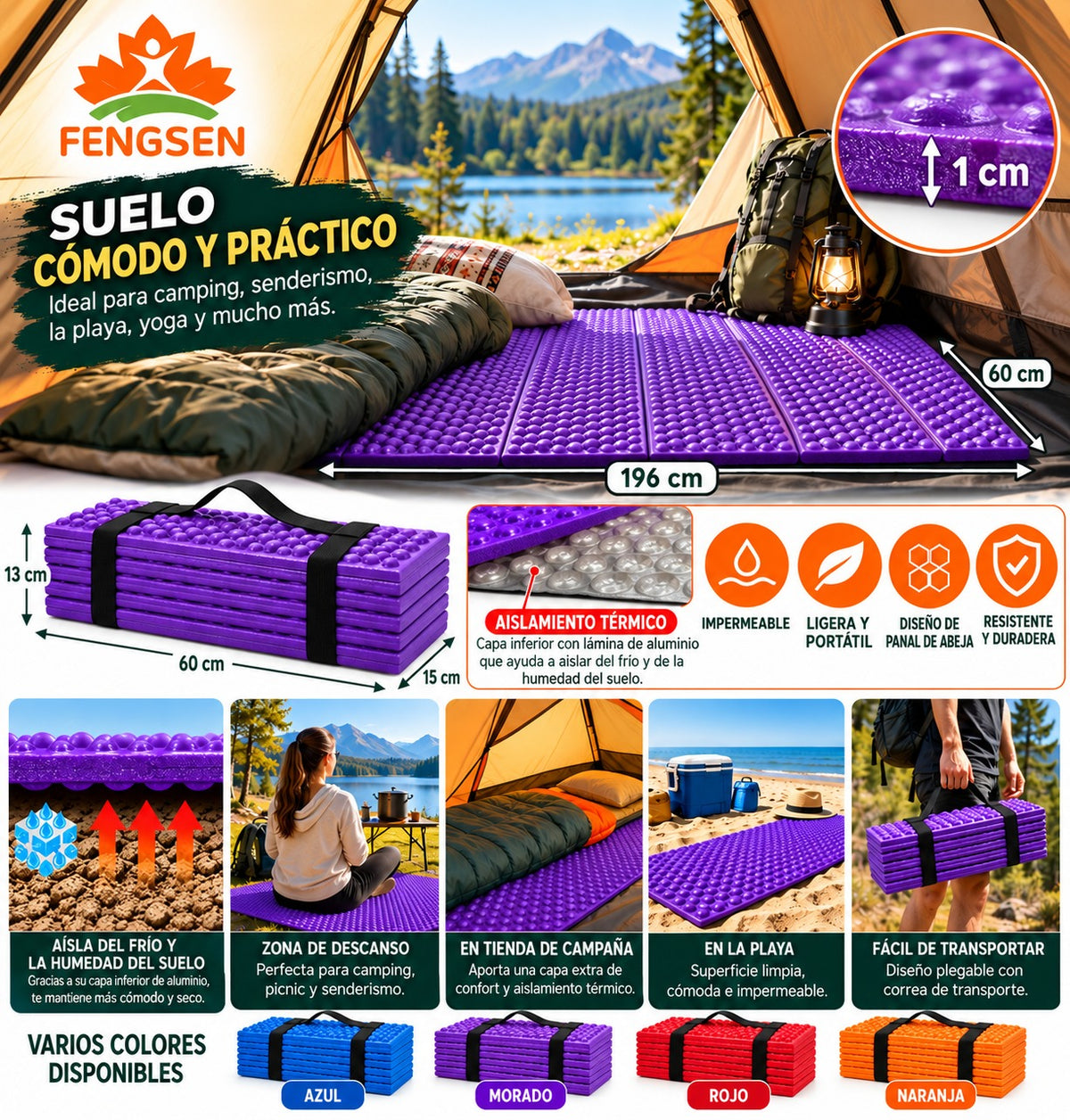 Alfombrilla impermeable plegable de Camping 196x60 cm con aislamiento termico esterilla aislante colchoneta