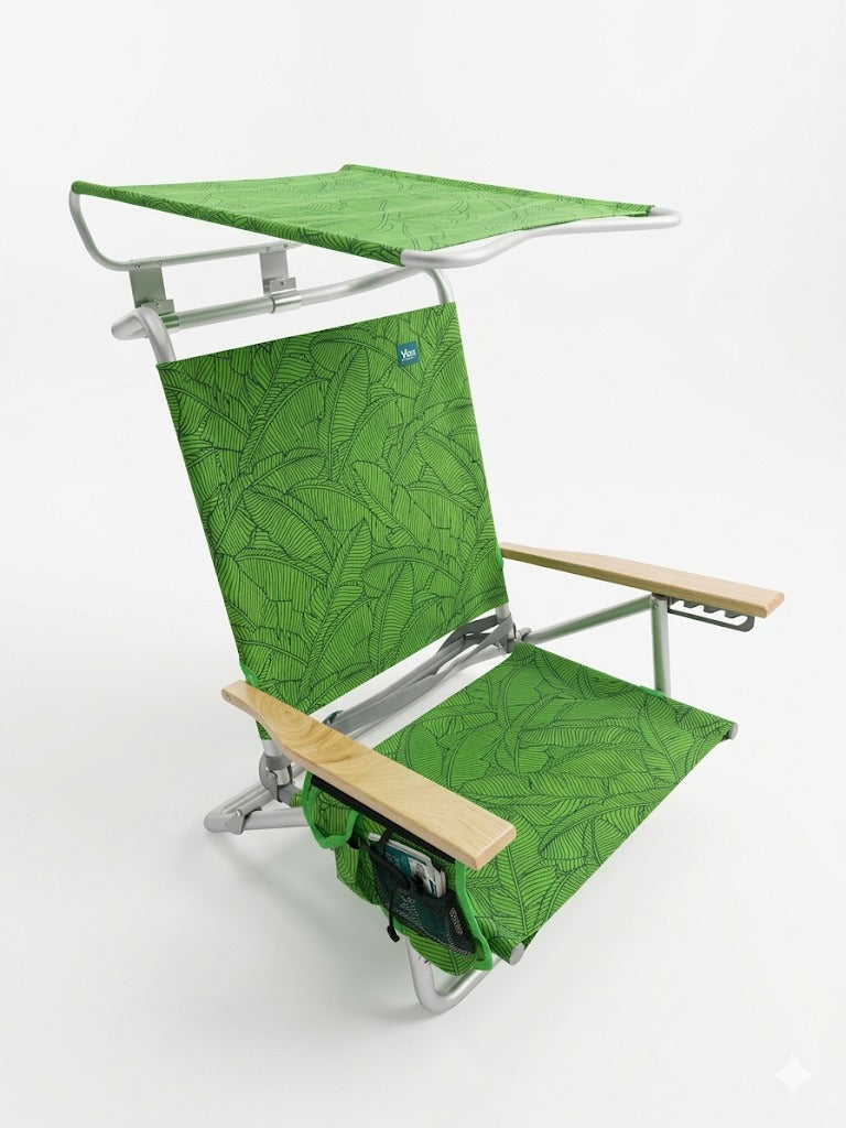Silla de Playa Reclinable con Toldo, 5 Posiciones, Reposabrazos de Madera, Porta Vasos y Bolsa