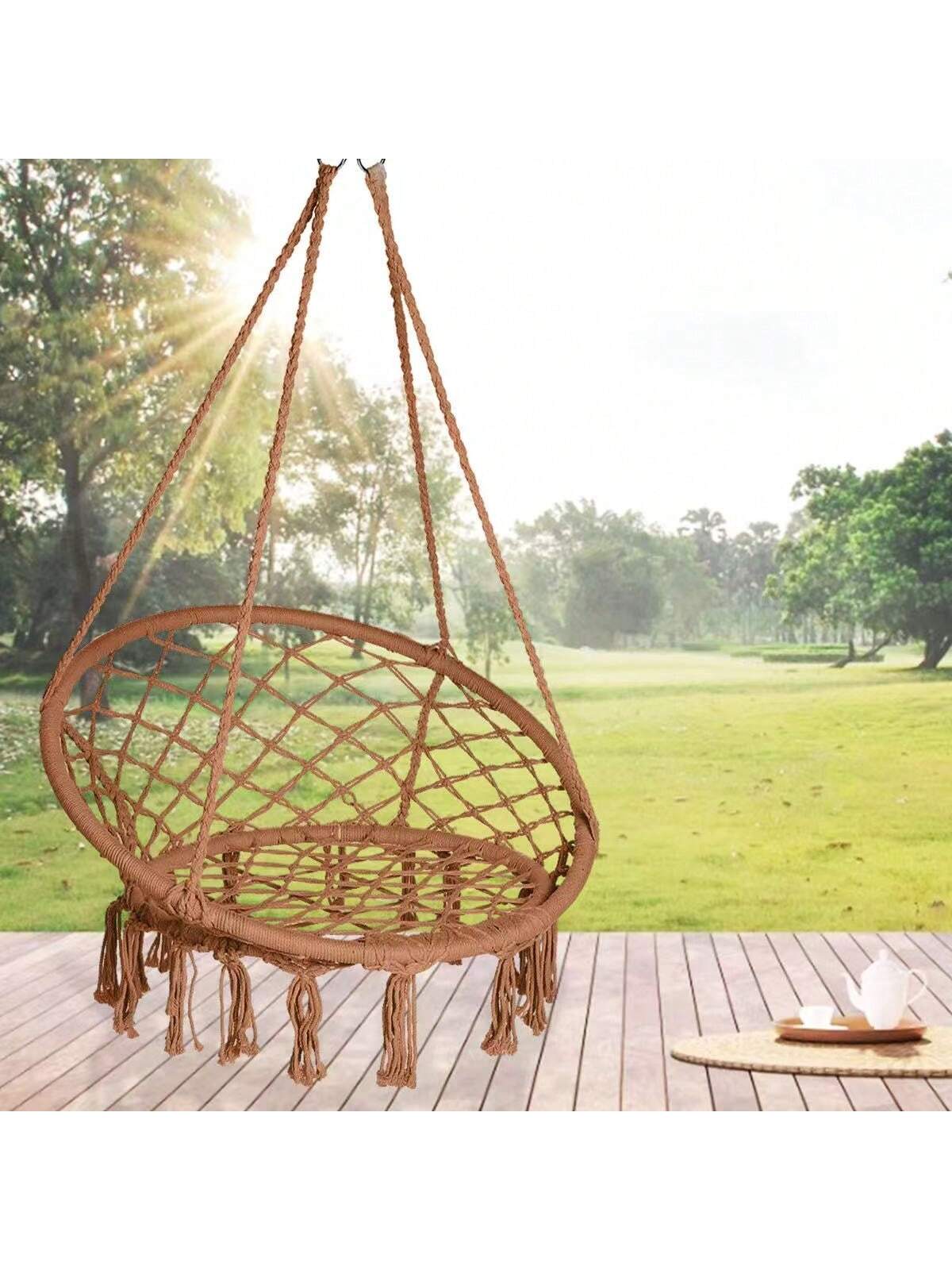 Silla Colgante de Macramé para Interior y Exterior – Hamaca de Algodón Tejido con Aro Metálico Reforzado, Estilo Bohemio, Respaldo Alto, 80cm de Diámetro, Ideal para Jardín, Balcón o Terraza