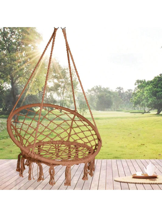 Silla Colgante de Macramé para Interior y Exterior – Hamaca de Algodón Tejido con Aro Metálico Reforzado, Estilo Bohemio, Respaldo Alto, 80cm de Diámetro, Ideal para Jardín, Balcón o Terraza