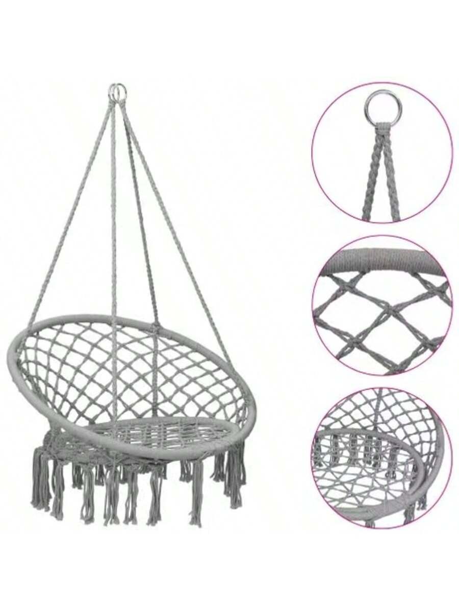 Silla Colgante de Macramé para Interior y Exterior – Hamaca de Algodón Tejido con Aro Metálico Reforzado, Estilo Bohemio, Respaldo Alto, 80cm de Diámetro, Ideal para Jardín, Balcón o Terraza