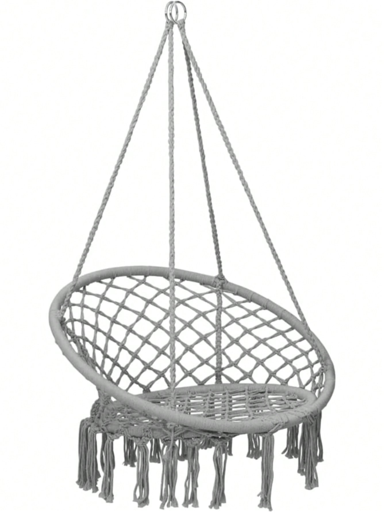 Silla Colgante de Macramé para Interior y Exterior – Hamaca de Algodón Tejido con Aro Metálico Reforzado, Estilo Bohemio, Respaldo Alto, 80cm de Diámetro, Ideal para Jardín, Balcón o Terraza