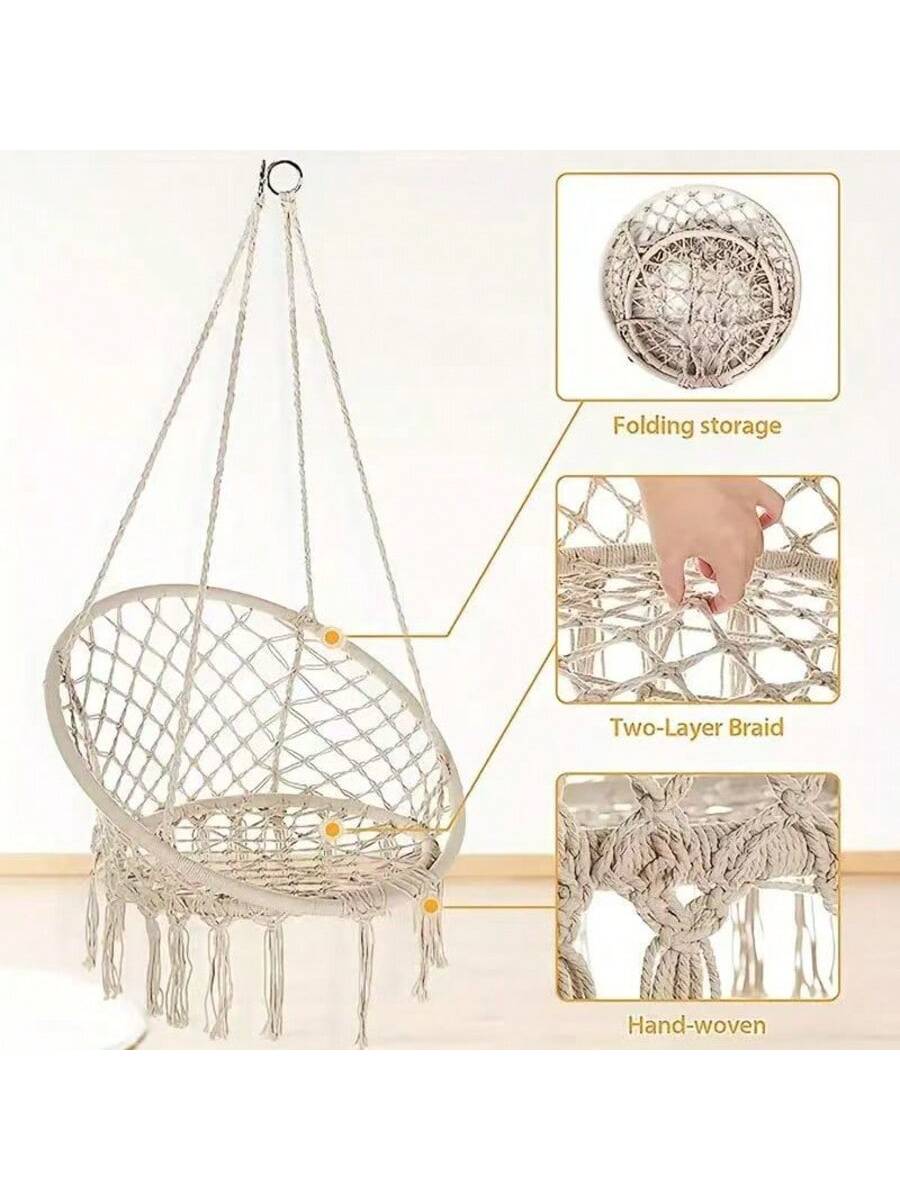 Silla Colgante de Macramé para Interior y Exterior – Hamaca de Algodón Tejido con Aro Metálico Reforzado, Estilo Bohemio, Respaldo Alto, 80cm de Diámetro, Ideal para Jardín, Balcón o Terraza