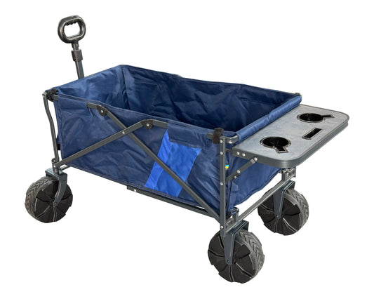 Carro de playa plegable con ruedas anchas y mesa con portavasos