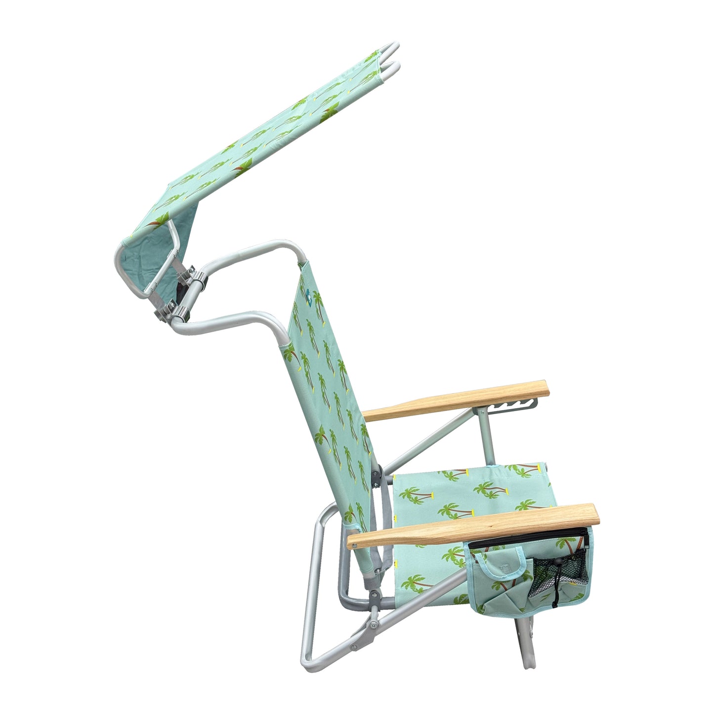 Silla de Playa Reclinable con 5 Posiciones y Toldo – Silla Plegable de Aluminio con Reposabrazos de Madera, Porta Vasos y Bolsa de Almacenamiento, Ideal para Camping y Jardín