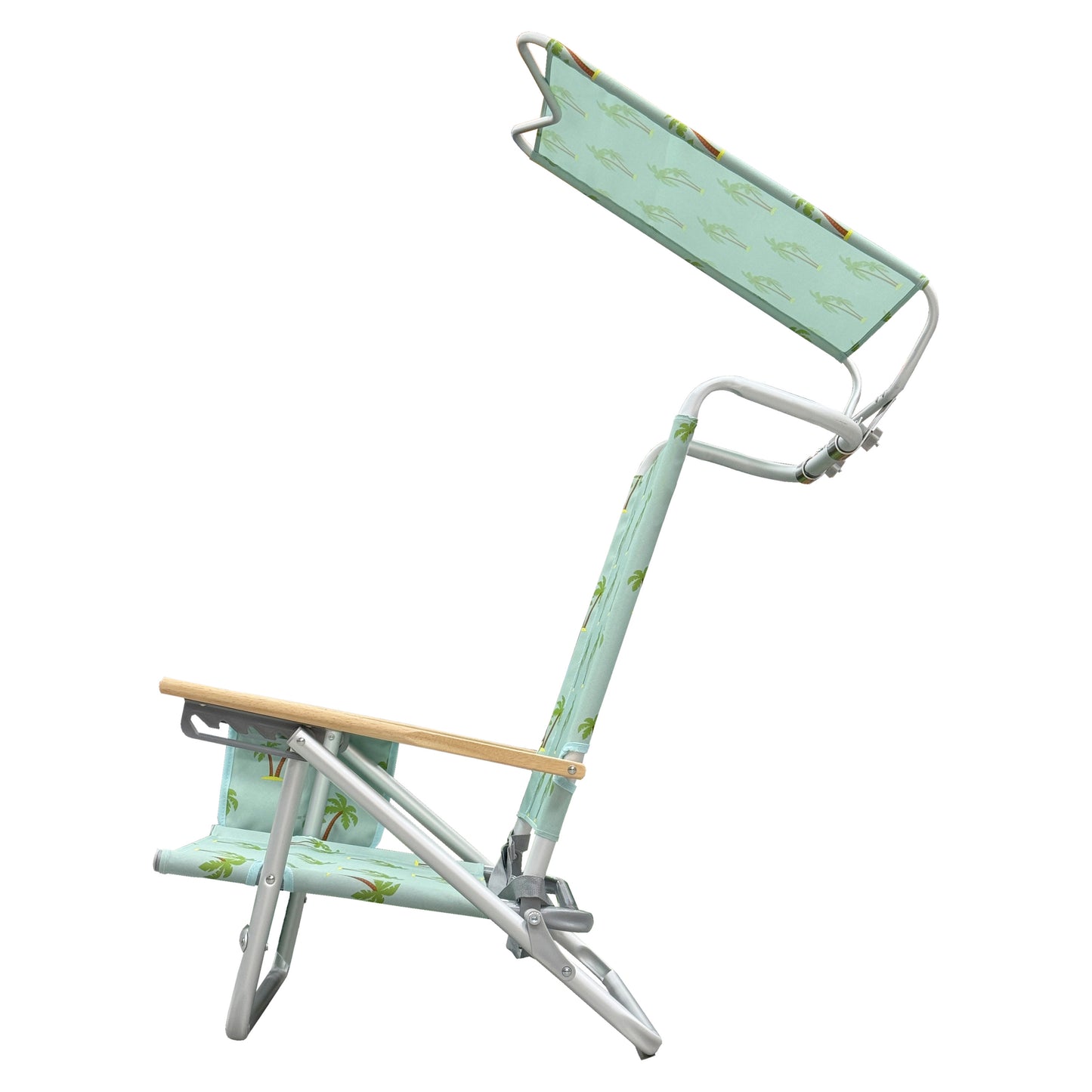 Silla de Playa Reclinable con 5 Posiciones y Toldo – Silla Plegable de Aluminio con Reposabrazos de Madera, Porta Vasos y Bolsa de Almacenamiento, Ideal para Camping y Jardín