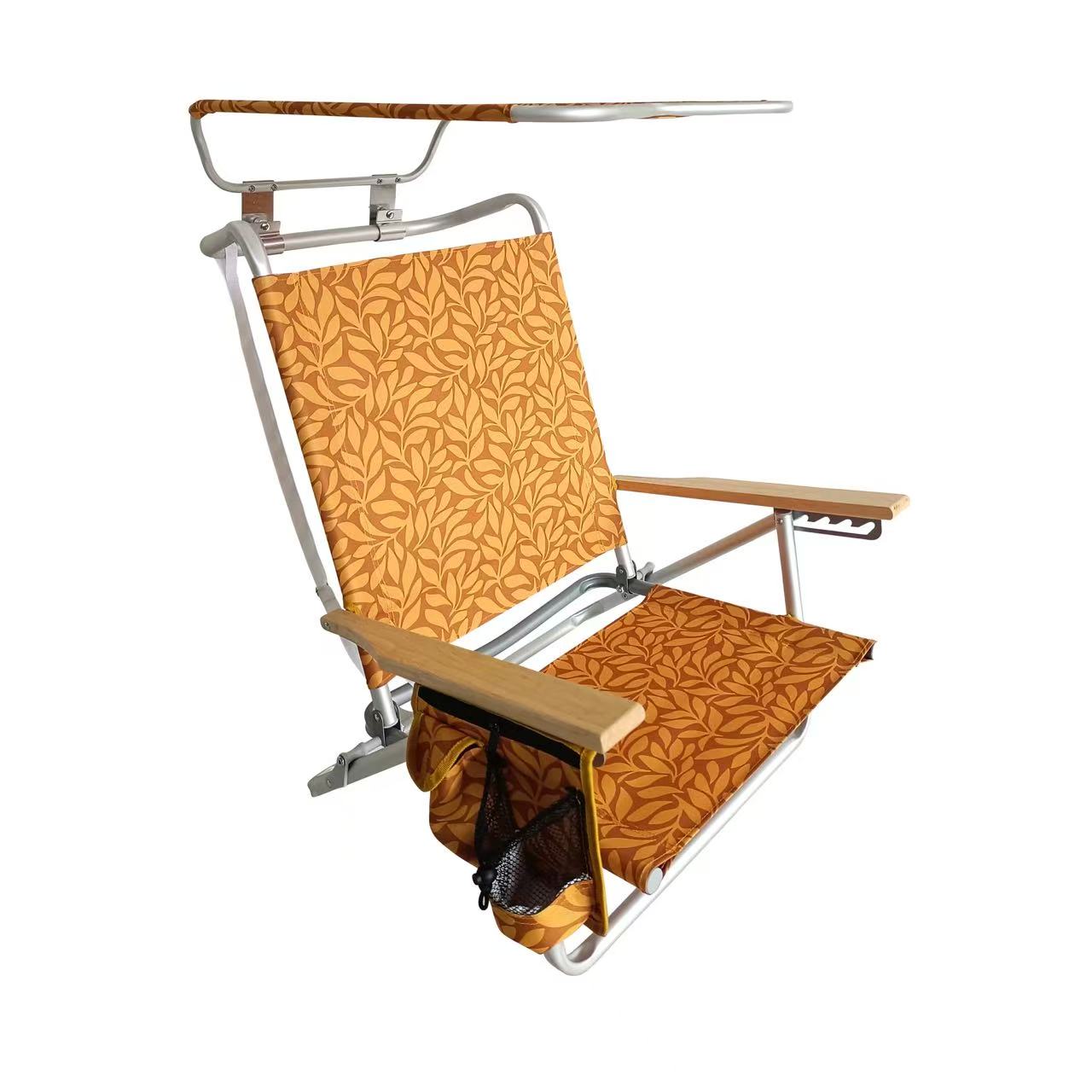 Silla de Playa Reclinable con 5 Posiciones y Toldo – Silla Plegable de Aluminio con Reposabrazos de Madera, Porta Vasos y Bolsa de Almacenamiento, Ideal para Camping y Jardín