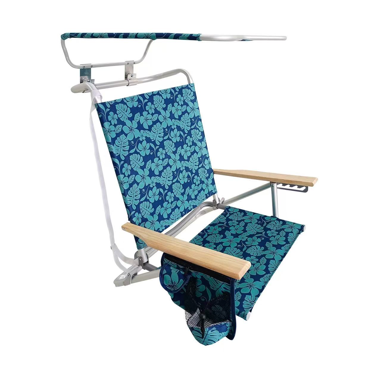 Silla de Playa Reclinable con 5 Posiciones y Toldo – Silla Plegable de Aluminio con Reposabrazos de Madera, Porta Vasos y Bolsa de Almacenamiento, Ideal para Camping y Jardín
