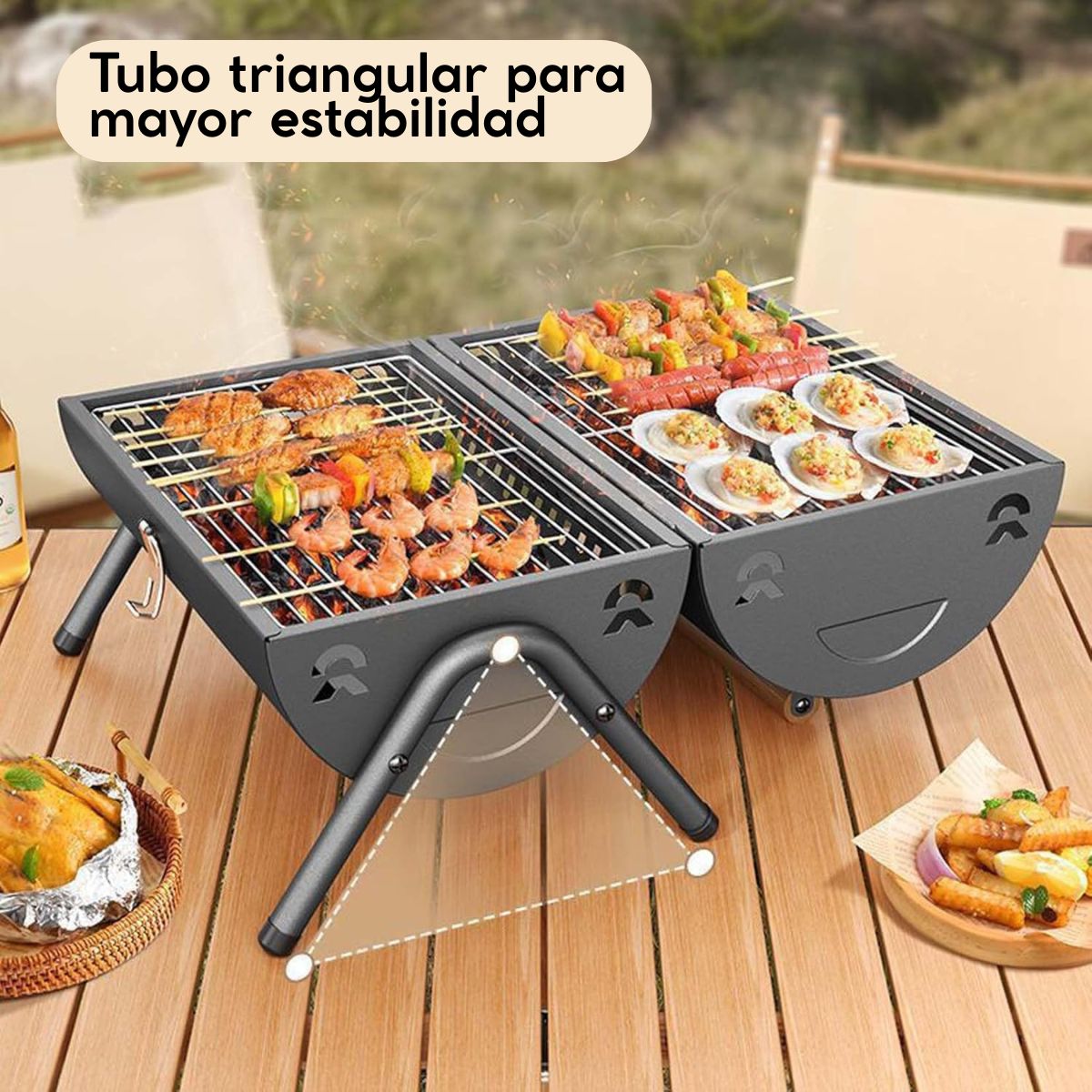 Parrilla de Carbón Portátil | Doble cara, plegable y perfecta para 3–5 personas