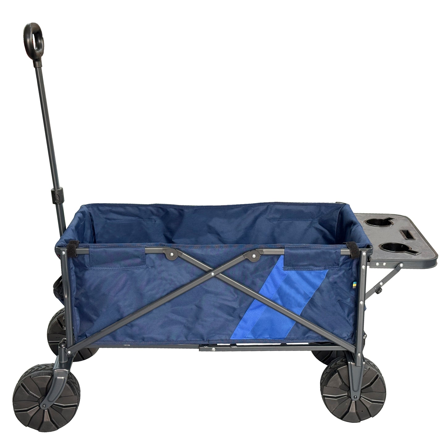Carro de playa plegable con ruedas anchas y mesa con portavasos