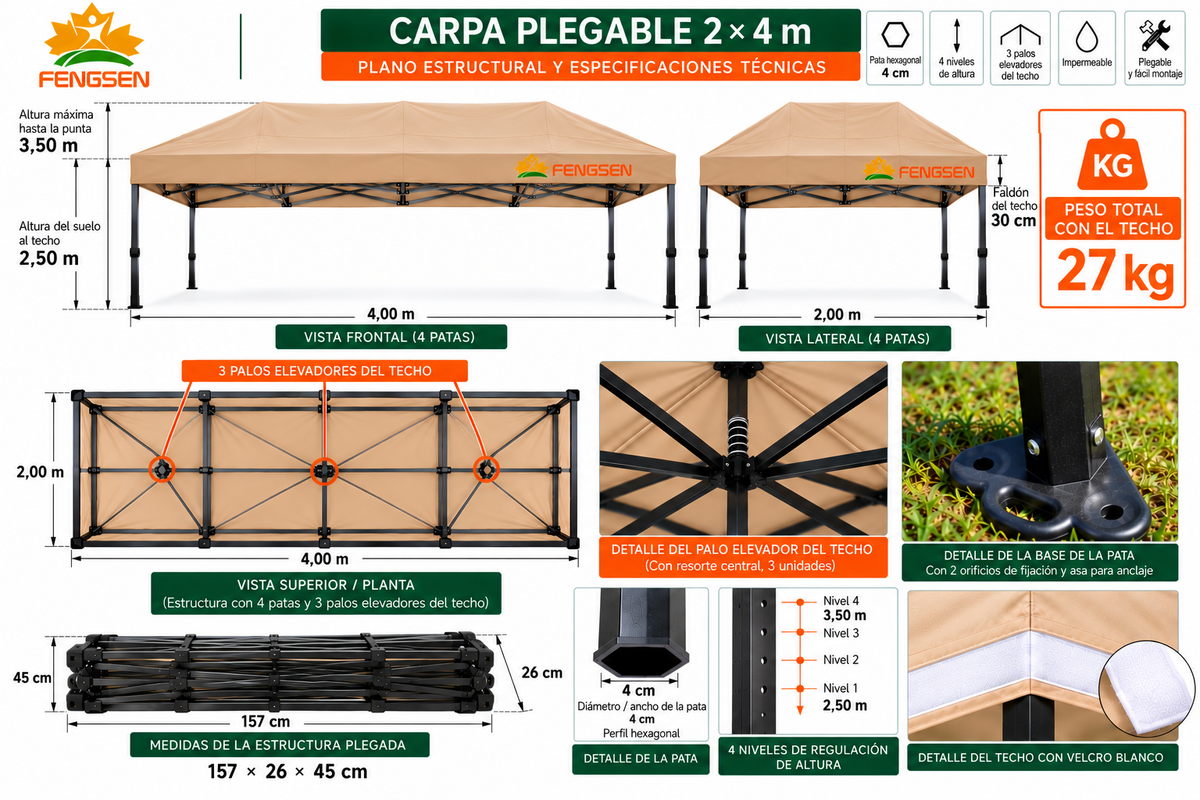 CARPA 2X4MT HIERRO PATAS HEXAGONALES PLEGABLE