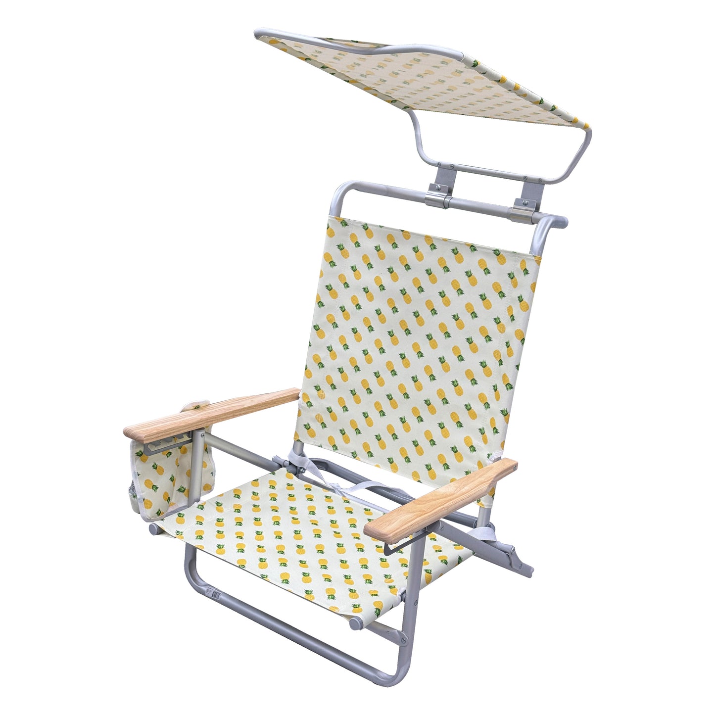 Silla de Playa Reclinable con 5 Posiciones y Toldo – Silla Plegable de Aluminio con Reposabrazos de Madera, Porta Vasos y Bolsa de Almacenamiento, Ideal para Camping y Jardín
