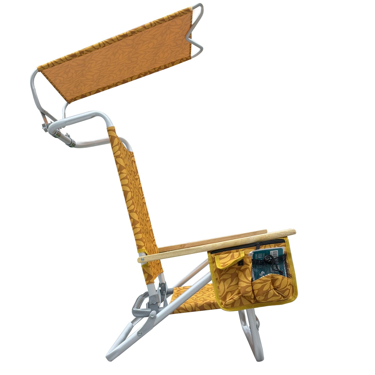 Silla de Playa Reclinable con 5 Posiciones y Toldo – Silla Plegable de Aluminio con Reposabrazos de Madera, Porta Vasos y Bolsa de Almacenamiento, Ideal para Camping y Jardín