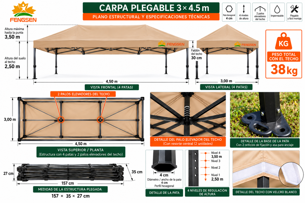 CARPA 3x4.5MT HIERRO PATAS HEXAGONALES PLEGABLE
