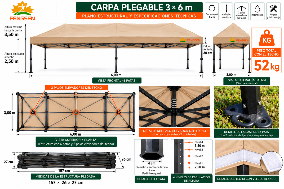 CARPA 3x6MT HIERRO PATAS HEXAGONALES PLEGABLE
