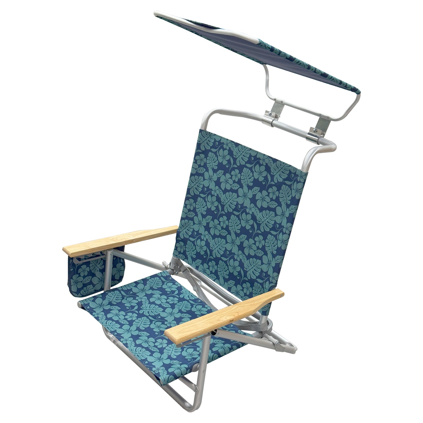 Silla de Playa Reclinable con 5 Posiciones y Toldo – Silla Plegable de Aluminio con Reposabrazos de Madera, Porta Vasos y Bolsa de Almacenamiento, Ideal para Camping y Jardín