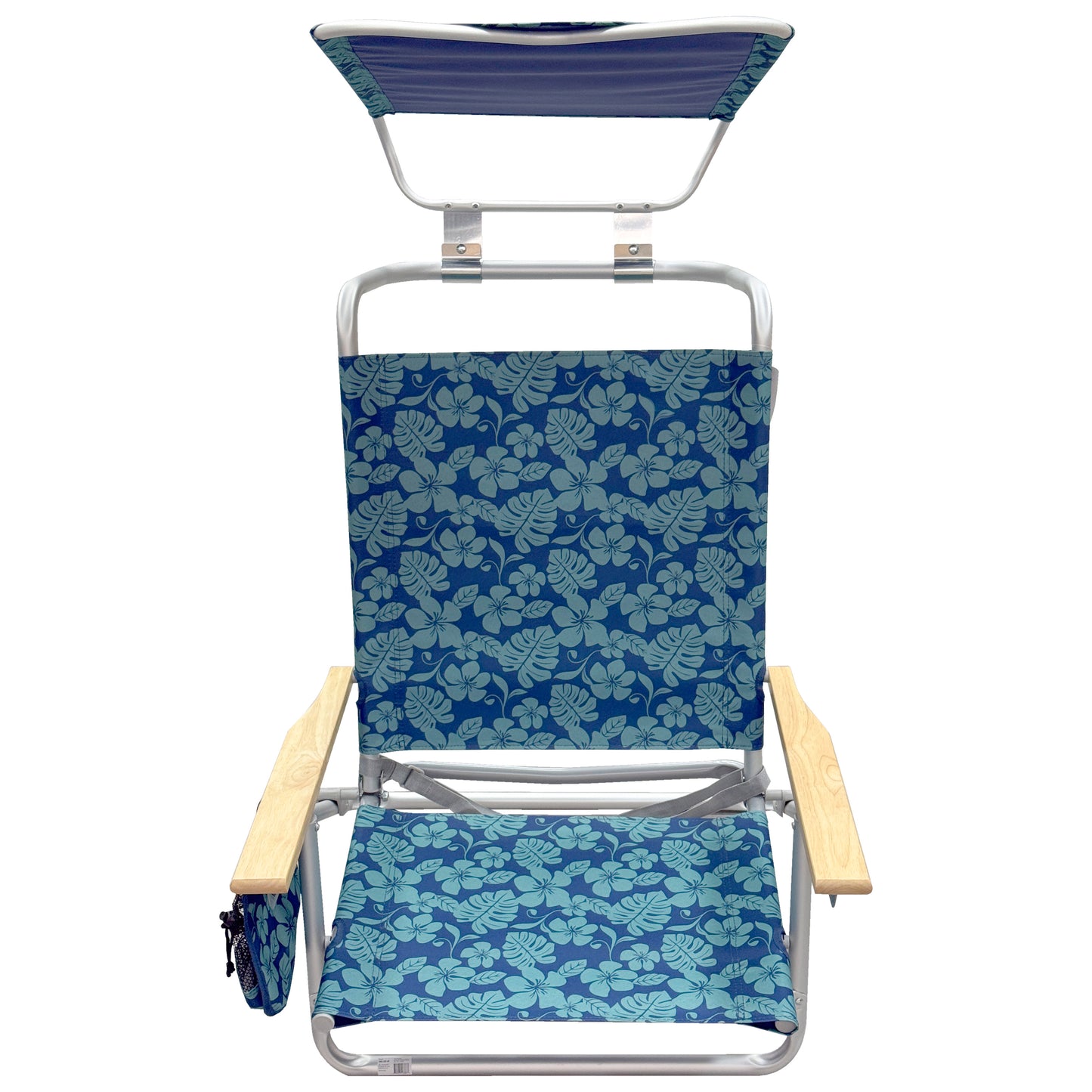 Silla de Playa Reclinable con 5 Posiciones y Toldo – Silla Plegable de Aluminio con Reposabrazos de Madera, Porta Vasos y Bolsa de Almacenamiento, Ideal para Camping y Jardín