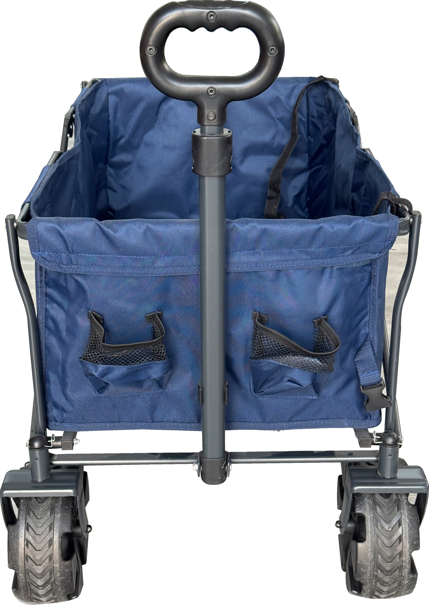 Carro de playa plegable con ruedas anchas y mesa con portavasos