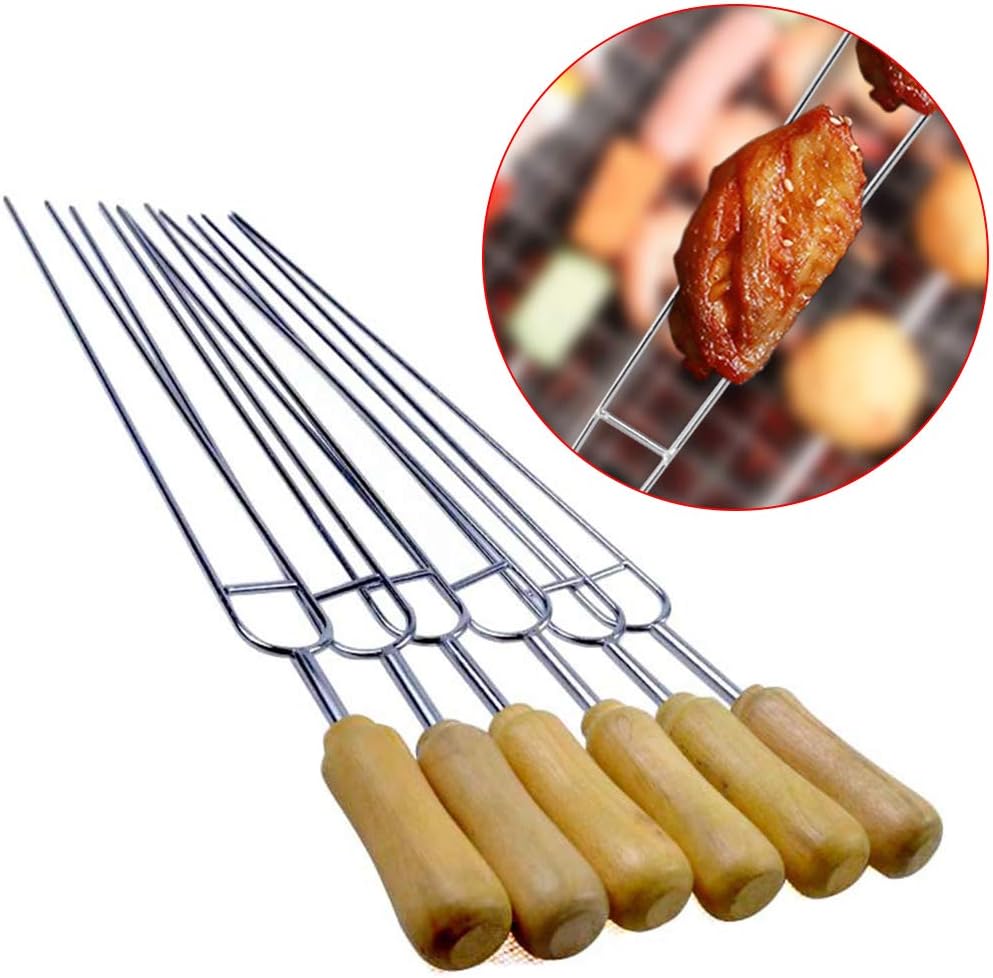 Pinchos para Barbacoa en Forma de U – Set de 6 de Acero Inoxidable con Mango de Madera