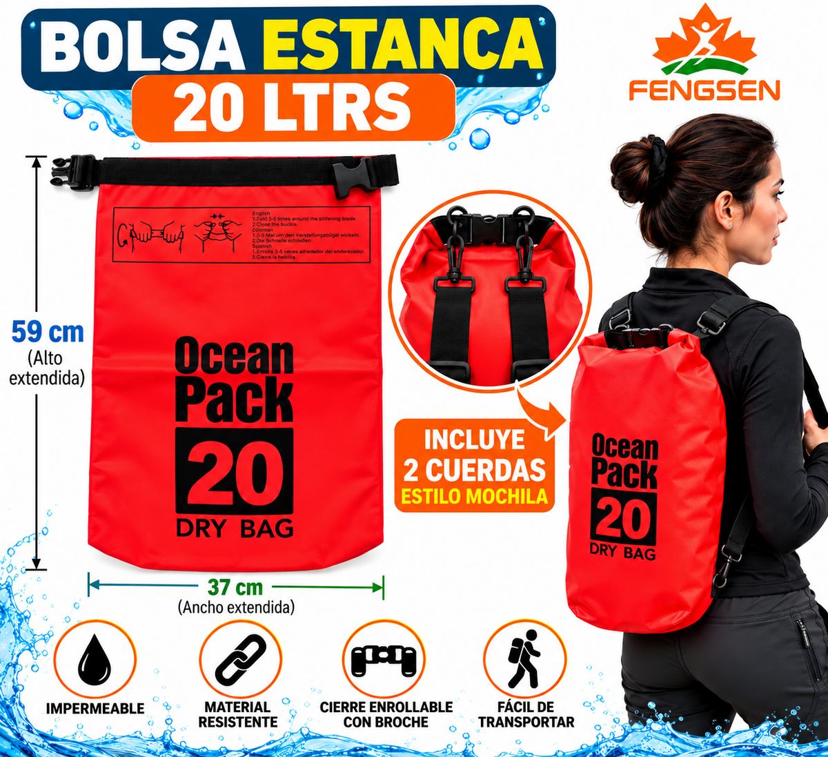 Mochila Bolsa Estanca Impermeable Ocean Pack 20L | 2 Correas Ajustables, Cierre Enrollable, Playa, Camping y Kayak
