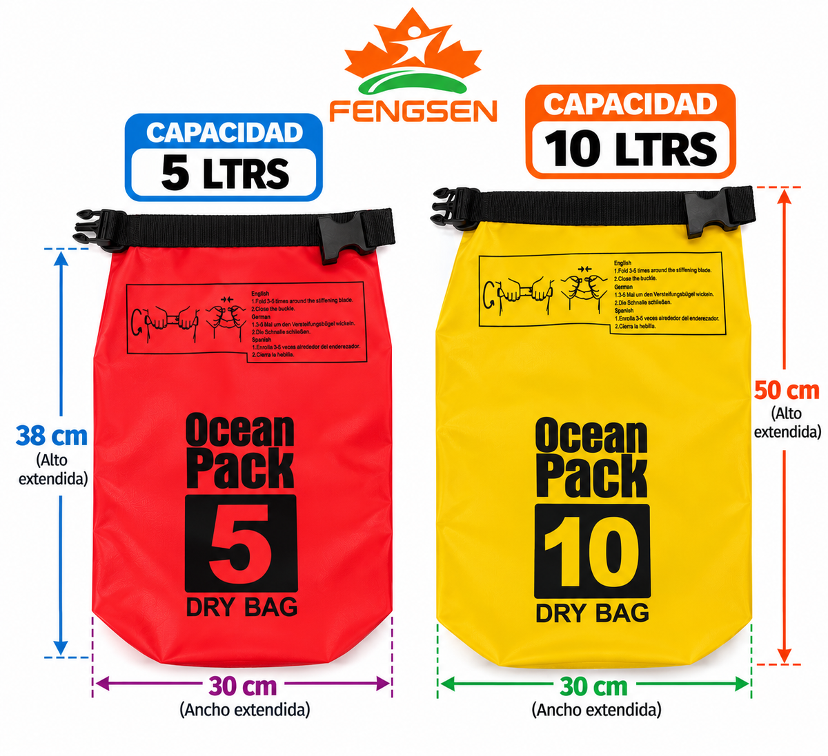 Bolsa Estanca Impermeable Ocean Pack 5L y 10L | Bolsa Seca con Correa Ajustable para Playa, Camping y Kayak
