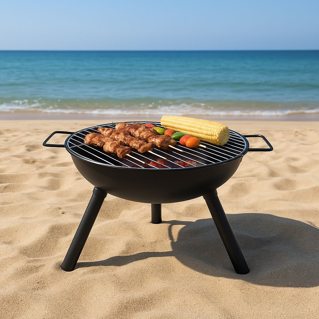 Brasero Portátil 2 en 1 de 43,5 cm — Parrilla de Carbón y Fuego para Jardín, Camping y Playa