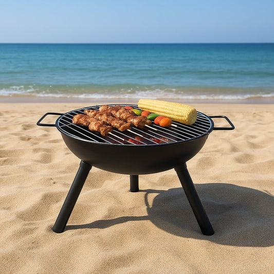 Brasero Portátil 2 en 1 de 43,5 cm — Parrilla de Carbón y Fuego para Jardín, Camping y Playa