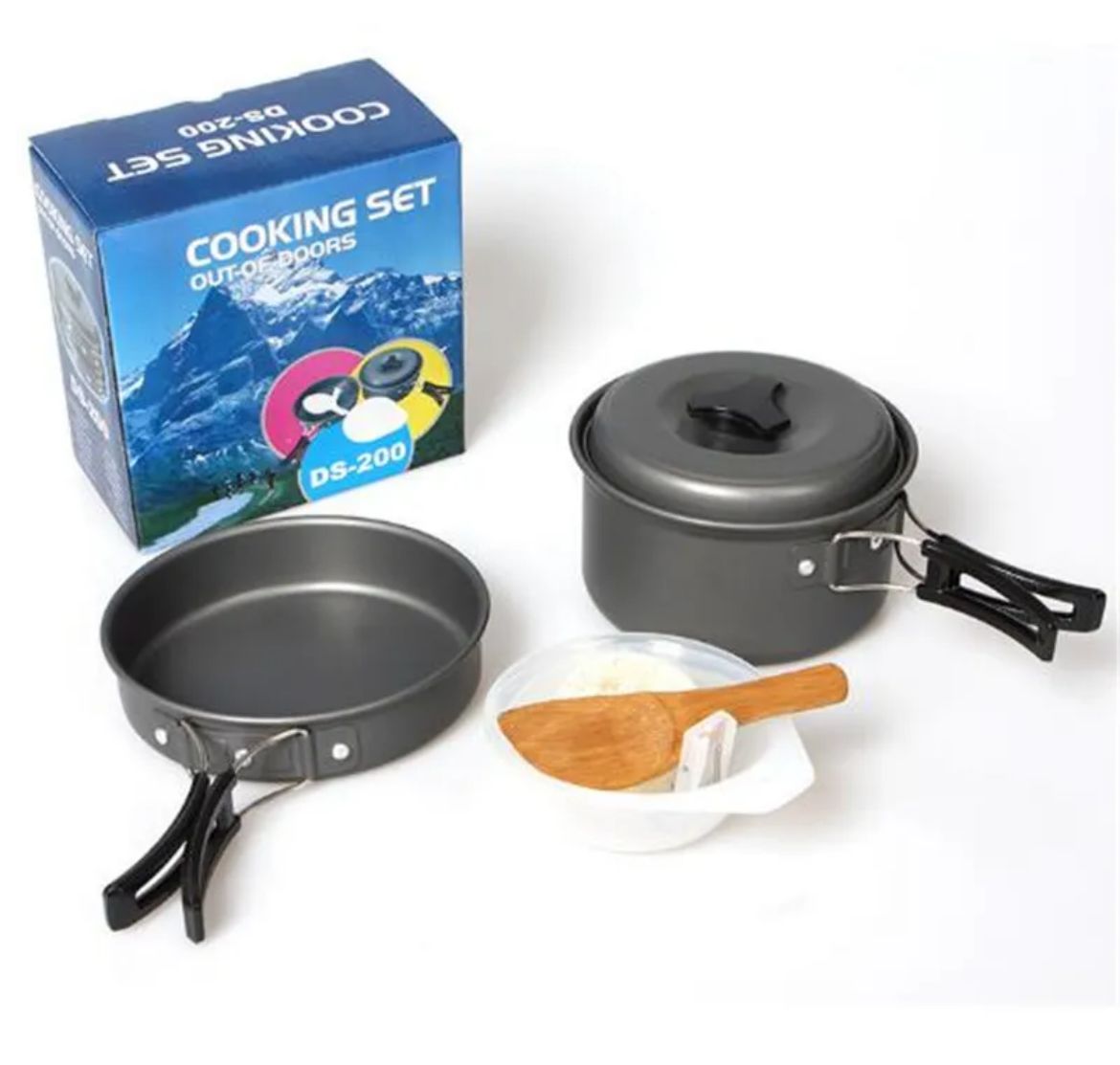 Juego de ollas de camping para 1-2 personas con accesorios.