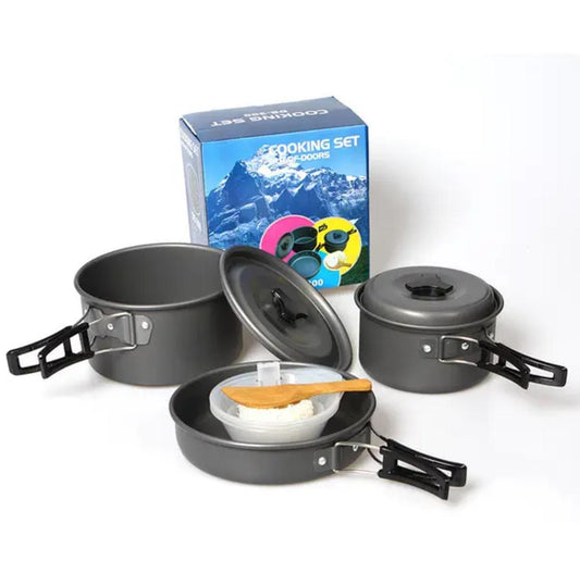 Juego de ollas de camping para 1-2 personas con accesorios.