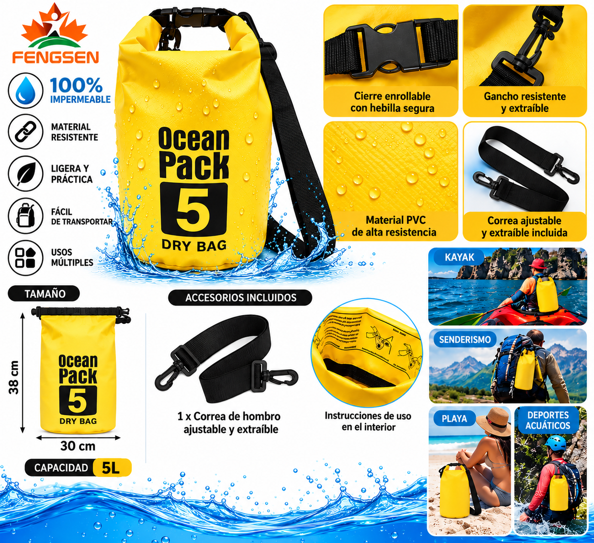 Bolsa Estanca Impermeable Ocean Pack 5L y 10L | Bolsa Seca con Correa Ajustable para Playa, Camping y Kayak