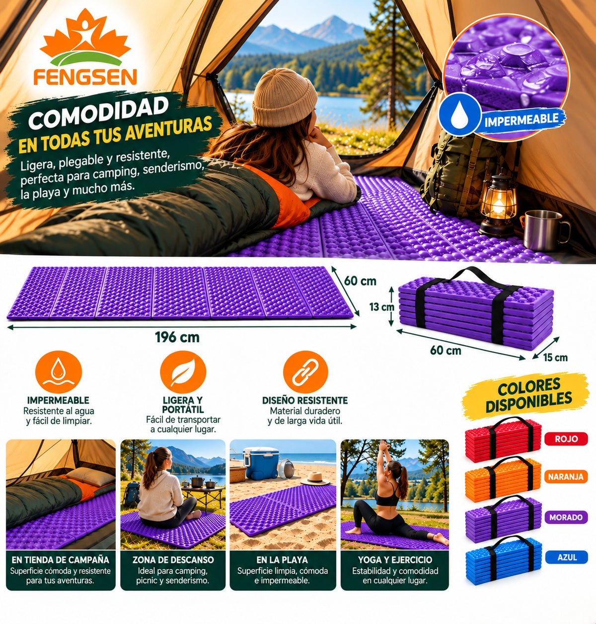 Alfombrilla impermeable plegable de Camping 196X60x1  cm  esterilla  colchoneta