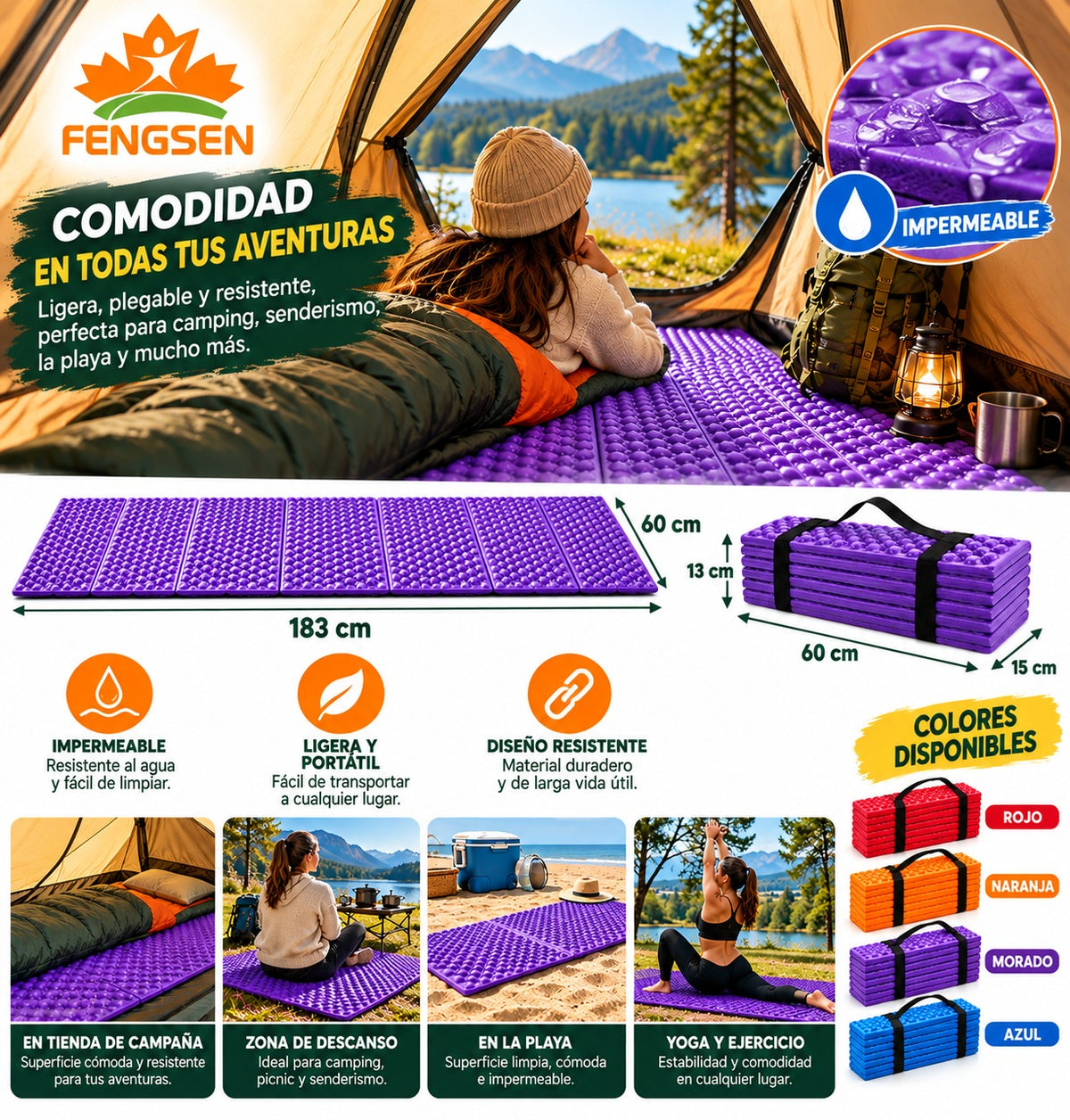 Alfombrilla impermeable de Camping plegable  183x60x1cm esterilla colchoneta