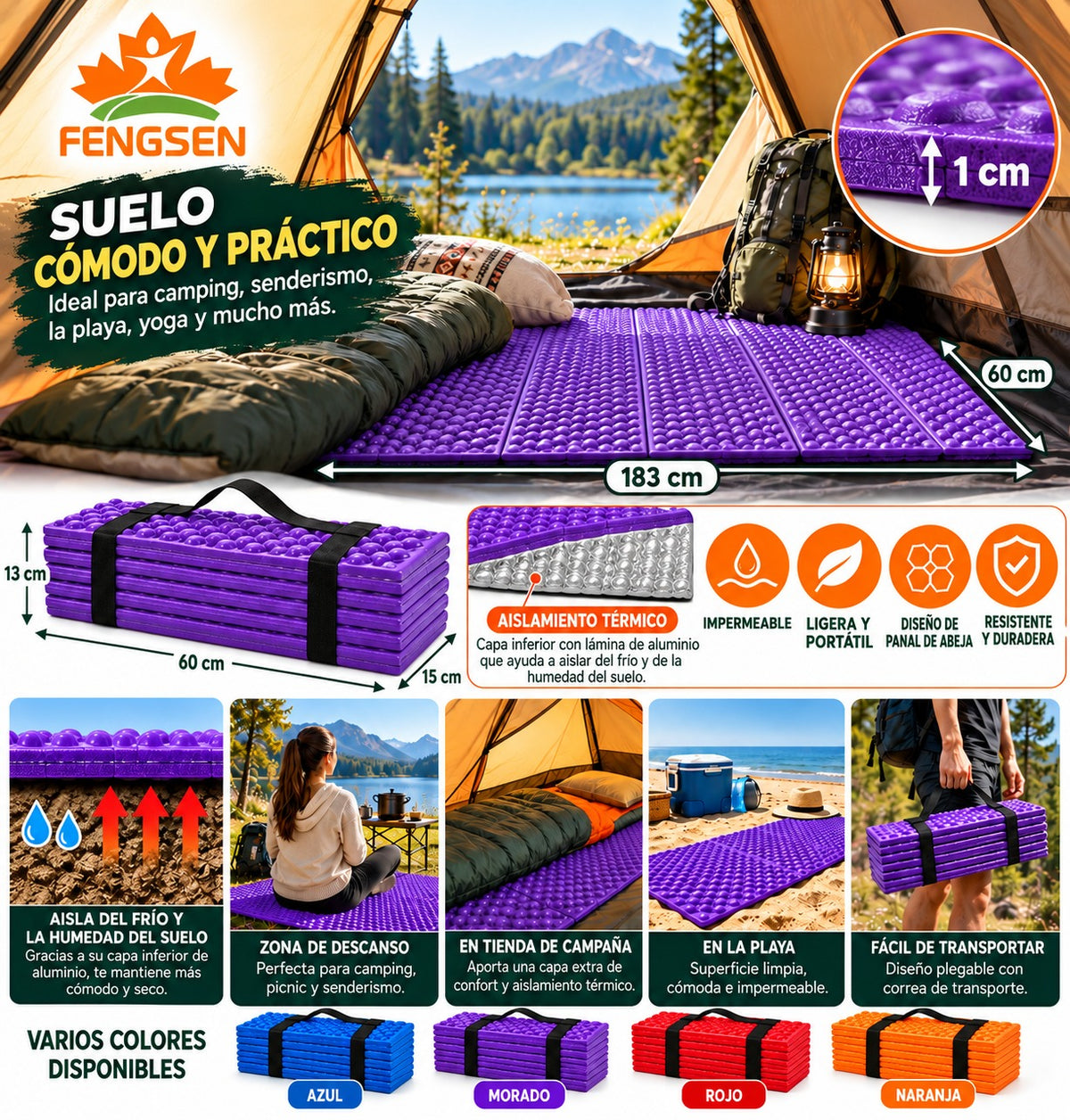 Alfombrilla impermeable plegable de Camping con aislamiento termico 183x60 cm esterilla aislante colchoneta