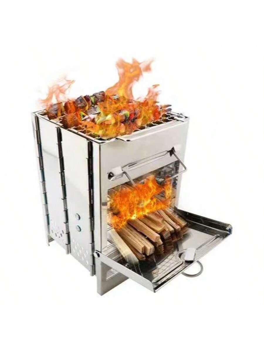 Estufa de Acero Inoxidable Plegable para Camping - Mini Parrilla Portátil 3 en 1 para Cocinar, Hervir Agua y Barbacoas - Estufa de Leña Compacta para Exteriores y Senderismo