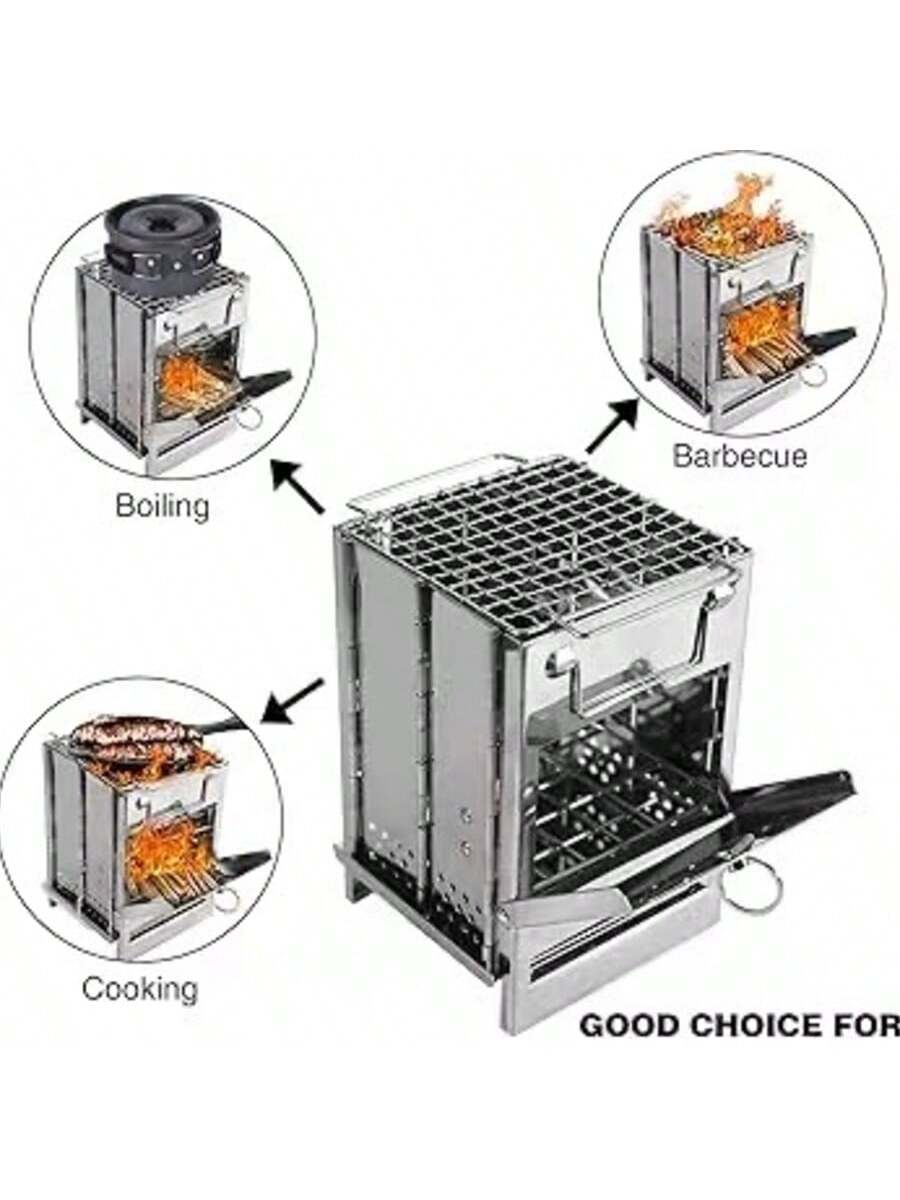 Estufa de Acero Inoxidable Plegable para Camping - Mini Parrilla Portátil 3 en 1 para Cocinar, Hervir Agua y Barbacoas - Estufa de Leña Compacta para Exteriores y Senderismo