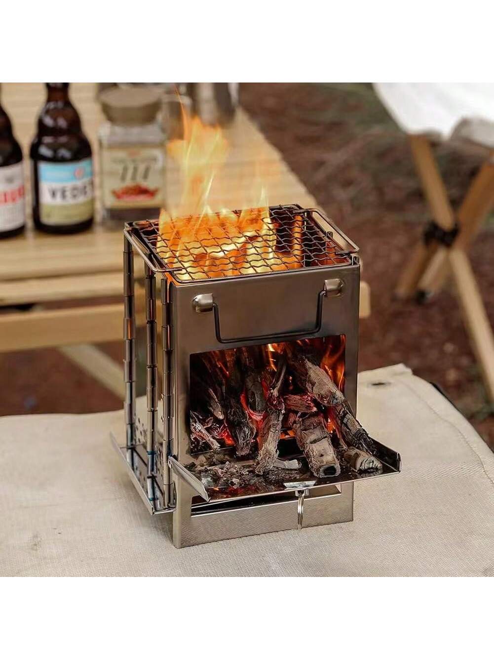 Estufa de Acero Inoxidable Plegable para Camping - Mini Parrilla Portátil 3 en 1 para Cocinar, Hervir Agua y Barbacoas - Estufa de Leña Compacta para Exteriores y Senderismo