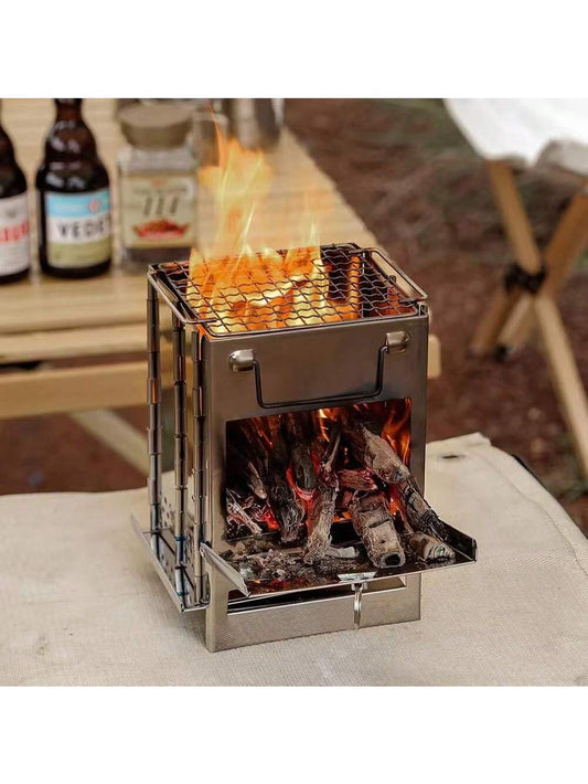Estufa de Acero Inoxidable Plegable para Camping - Mini Parrilla Portátil 3 en 1 para Cocinar, Hervir Agua y Barbacoas - Estufa de Leña Compacta para Exteriores y Senderismo